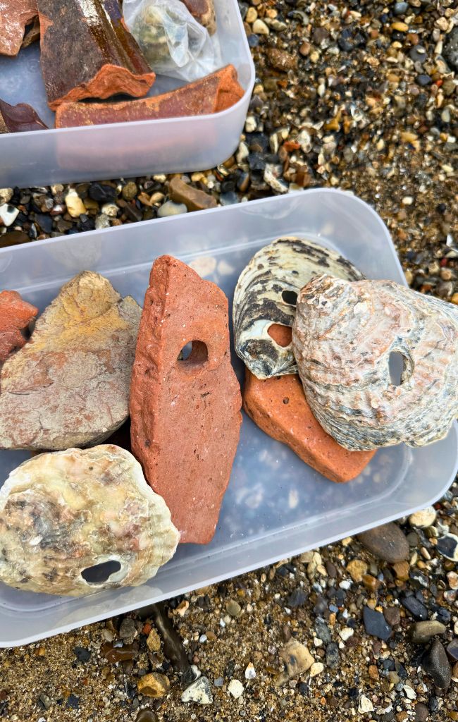 Plastic boxes with items found while mudlarking in London