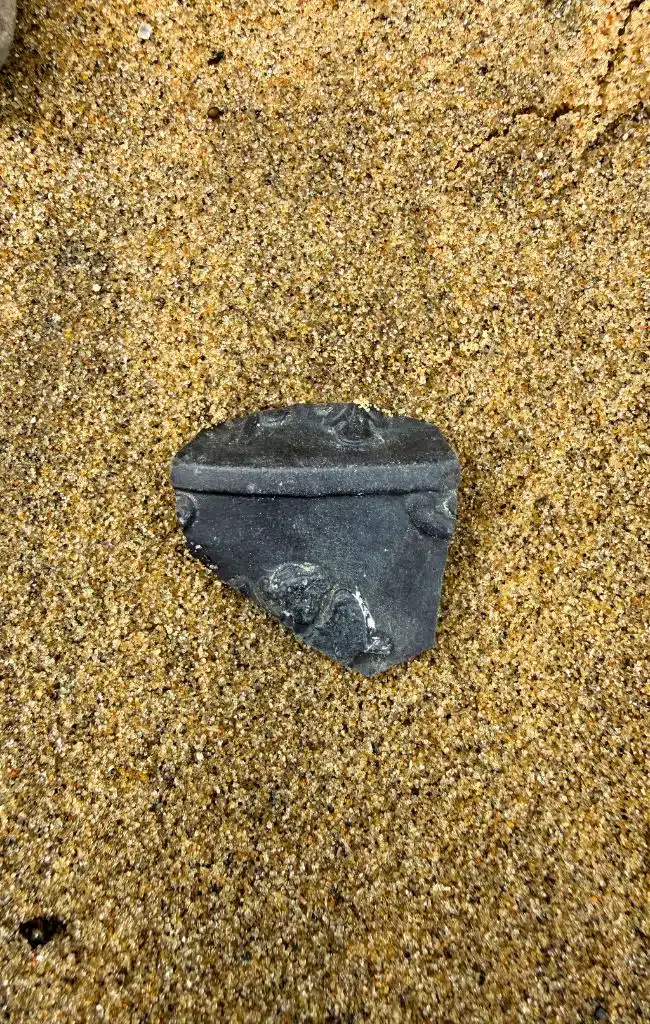 a fragment of black basalt pottery found mudlarking in London