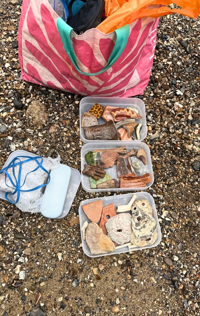 plastic boxes with mudlarking finds: mudlarking in London
