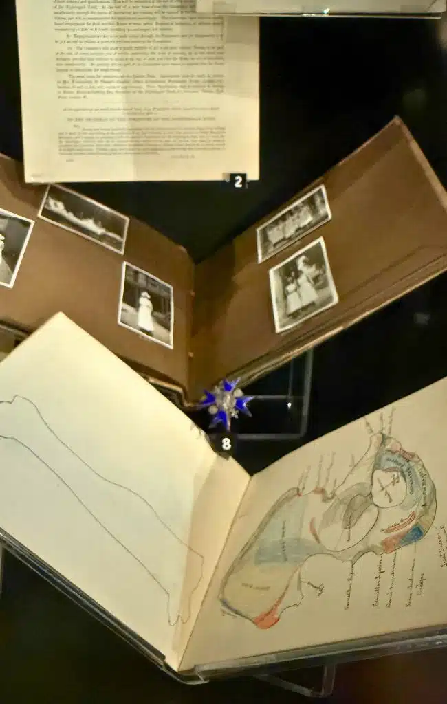 Sketches from a nurse's workbook studying at the Nightingale training school on display at The Florence Nightingale Museum, London