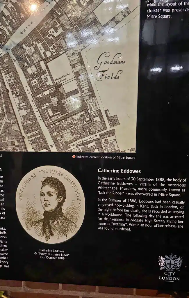 A plaque dedicated to Catherine Eddowes in Mitre Square