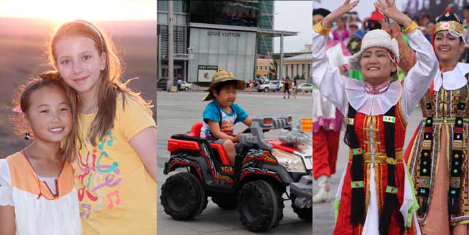 Making friends in Mongolia, Ulaan Baatar & women in national dress.